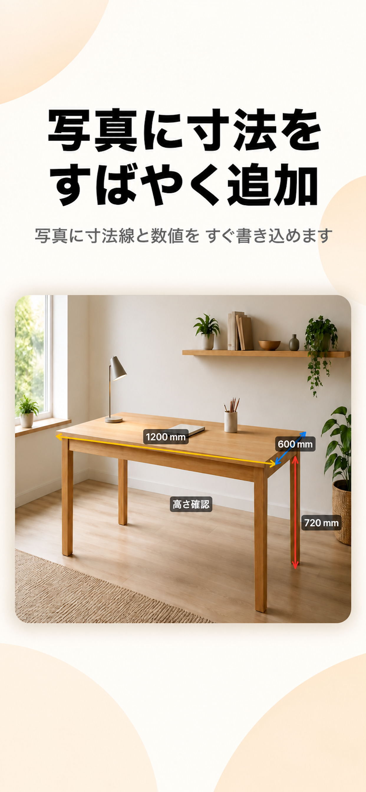 写真に寸法線と数値を書き込んだDim Noteの使用例